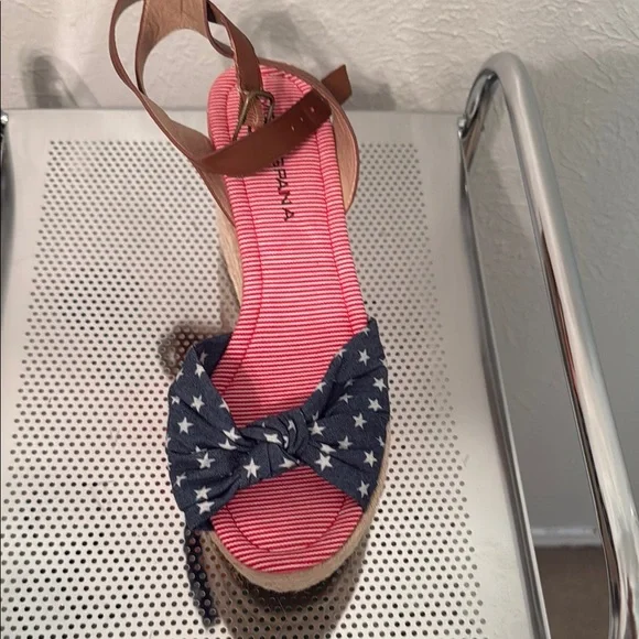 Moda Spana Brown and Blue Wedge Sandals with Ankle Strap - Picture 2 of 5